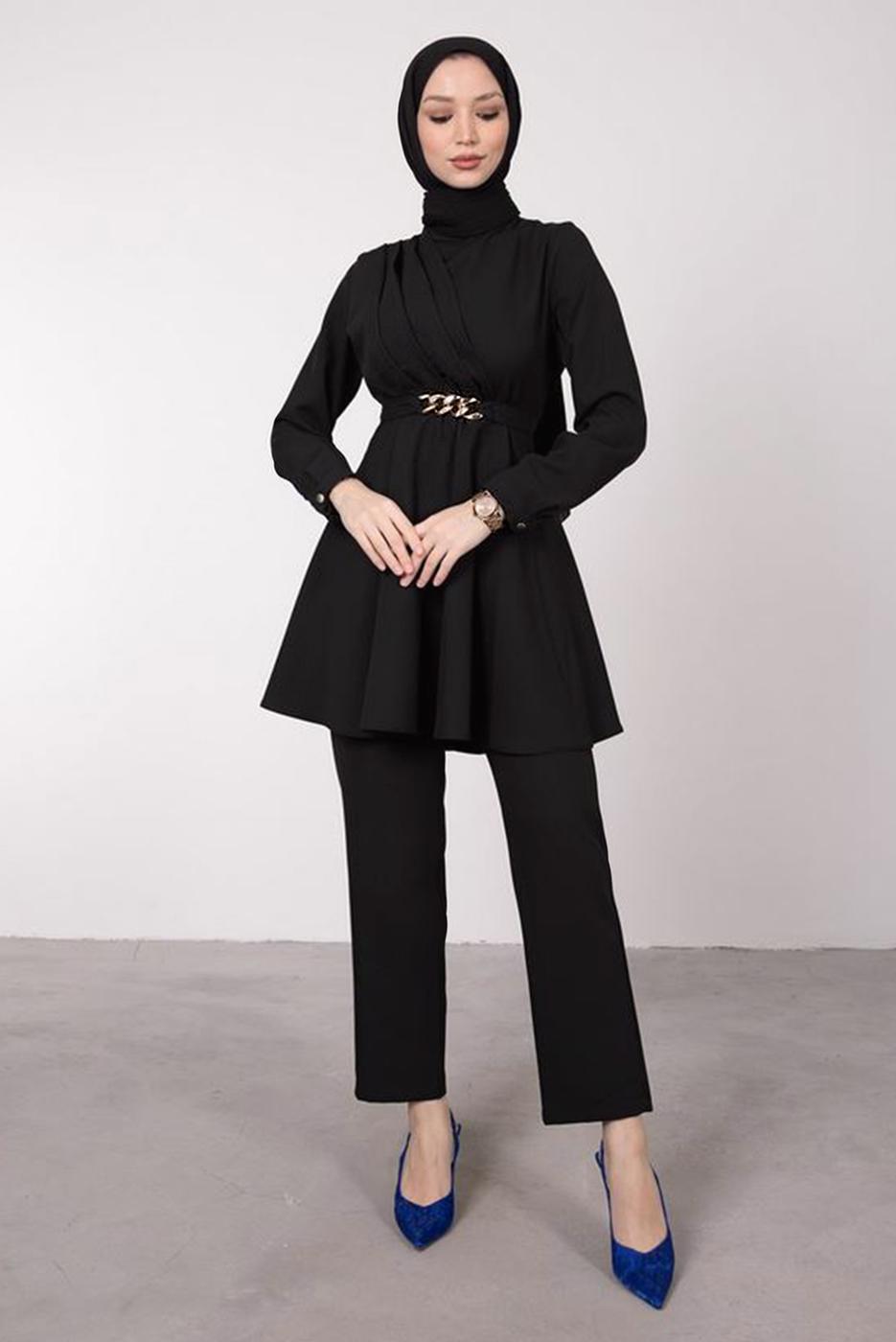 Tesettür giyim SİYAH DRAPE DETAYLI KEMERLİ PANT. TAKIM T 0685	