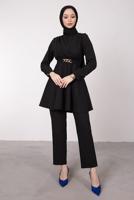 Tesettür giyim SİYAH DRAPE DETAYLI KEMERLİ PANT. TAKIM T 0685	