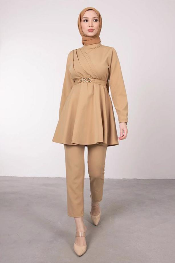 Tesettür giyim  DRAPE DETAYLI KEMERLİ PANT. TAKIM T 0685	 - TRENDTESETTÜR