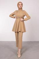 Vêtements hijab BRUN ENSEMBLE PANTALON 2 PIÈCES AVEC CEINTURE DÉTAIL DRAPE T 0685