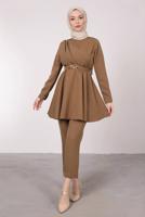 Tesettür giyim KAHVE DRAPE DETAYLI KEMERLİ PANT. TAKIM T 0685	