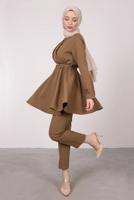 Tesettür giyim KAHVE DRAPE DETAYLI KEMERLİ PANT. TAKIM T 0685	