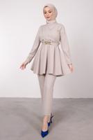 Tesettür giyim BEJ DRAPE DETAYLI KEMERLİ PANT. TAKIM T 0685	