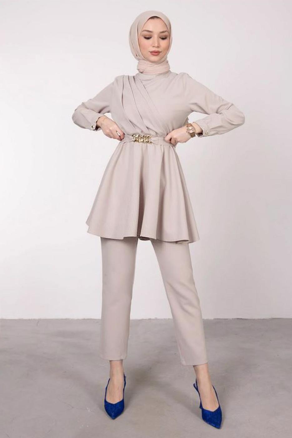 Tesettür giyim BEJ DRAPE DETAYLI KEMERLİ PANT. TAKIM T 0685	