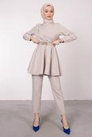 Tesettür giyim BEJ DRAPE DETAYLI KEMERLİ PANT. TAKIM T 0685	