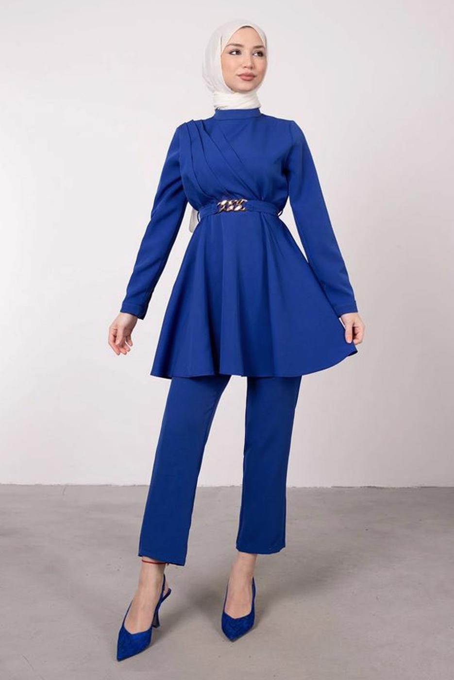 Tesettür giyim LACİVERT DRAPE DETAYLI KEMERLİ PANT. TAKIM T 0685	