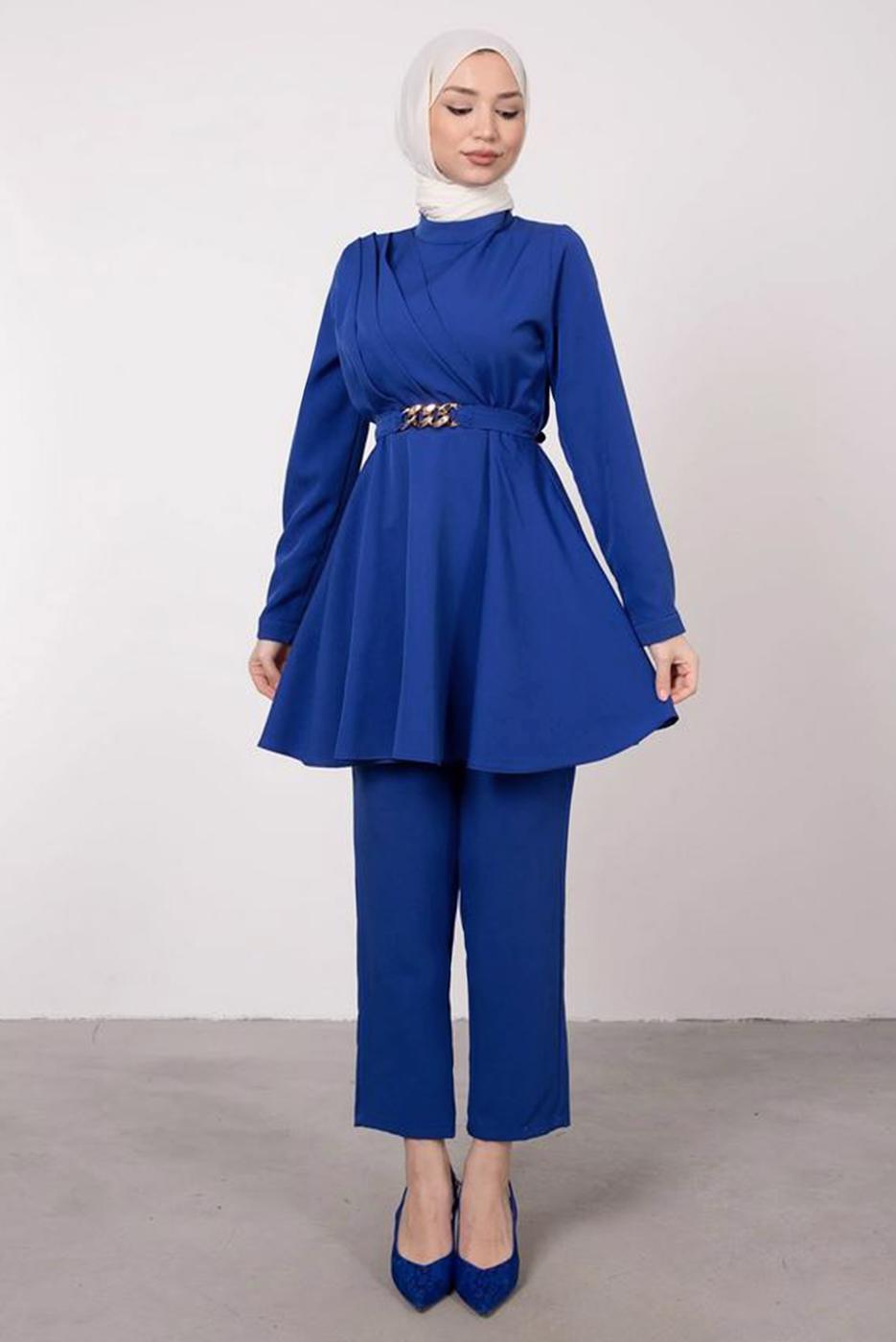 Tesettür giyim LACİVERT DRAPE DETAYLI KEMERLİ PANT. TAKIM T 0685	