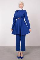 Tesettür giyim LACİVERT DRAPE DETAYLI KEMERLİ PANT. TAKIM T 0685	