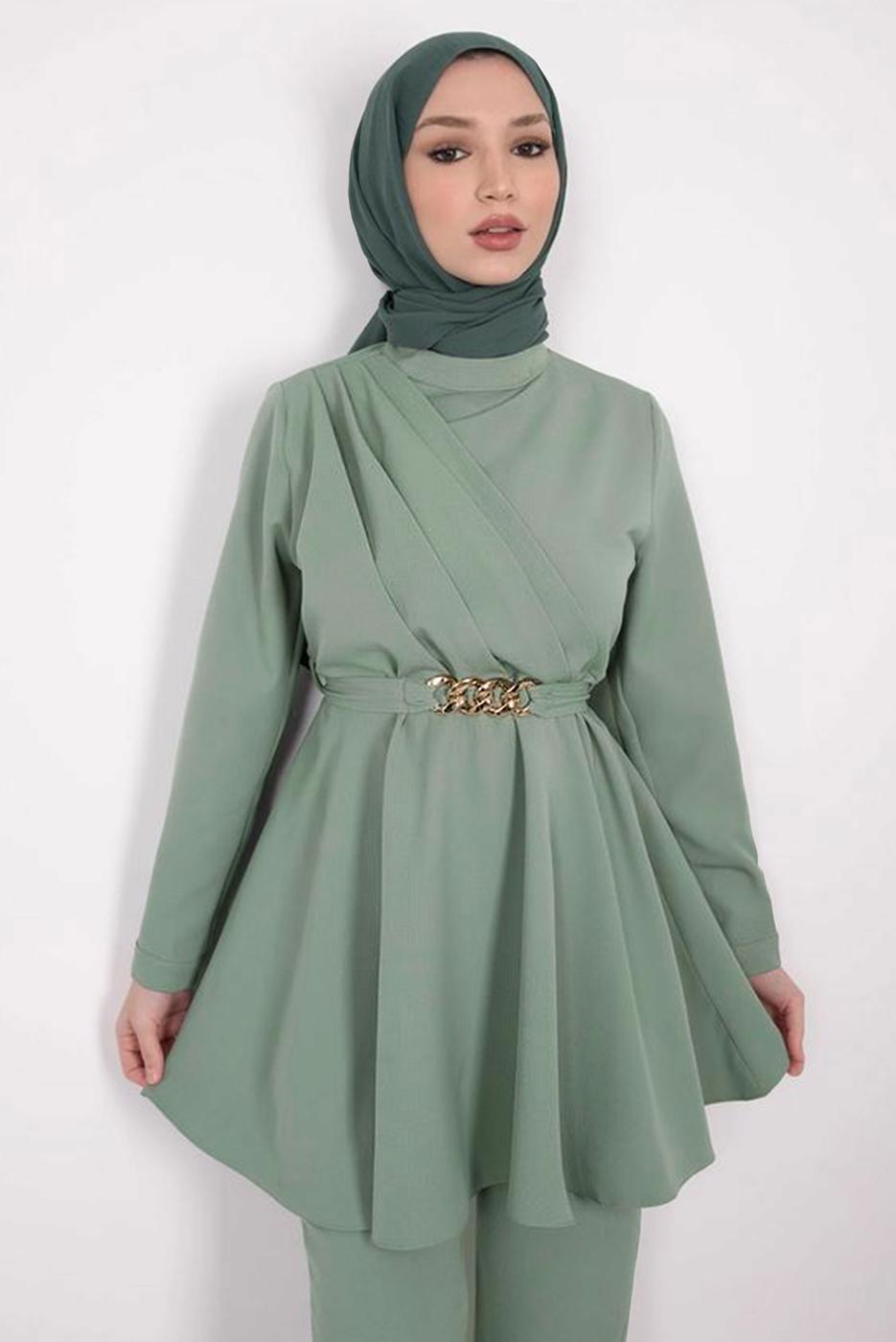 Tesettür giyim YEŞİL DRAPE DETAYLI KEMERLİ PANT. TAKIM T 0685	
