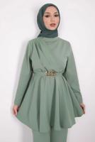 Tesettür giyim YEŞİL DRAPE DETAYLI KEMERLİ PANT. TAKIM T 0685	