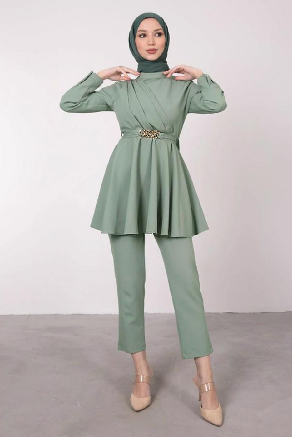 Tesettür giyim YEŞİL DRAPE DETAYLI KEMERLİ PANT. TAKIM T 0685	