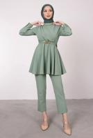 Tesettür giyim YEŞİL DRAPE DETAYLI KEMERLİ PANT. TAKIM T 0685	