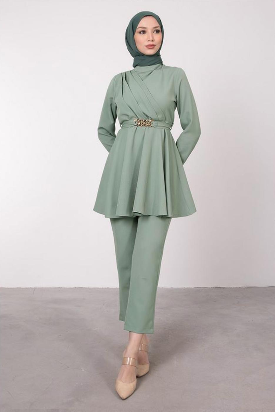 Tesettür giyim YEŞİL DRAPE DETAYLI KEMERLİ PANT. TAKIM T 0685	