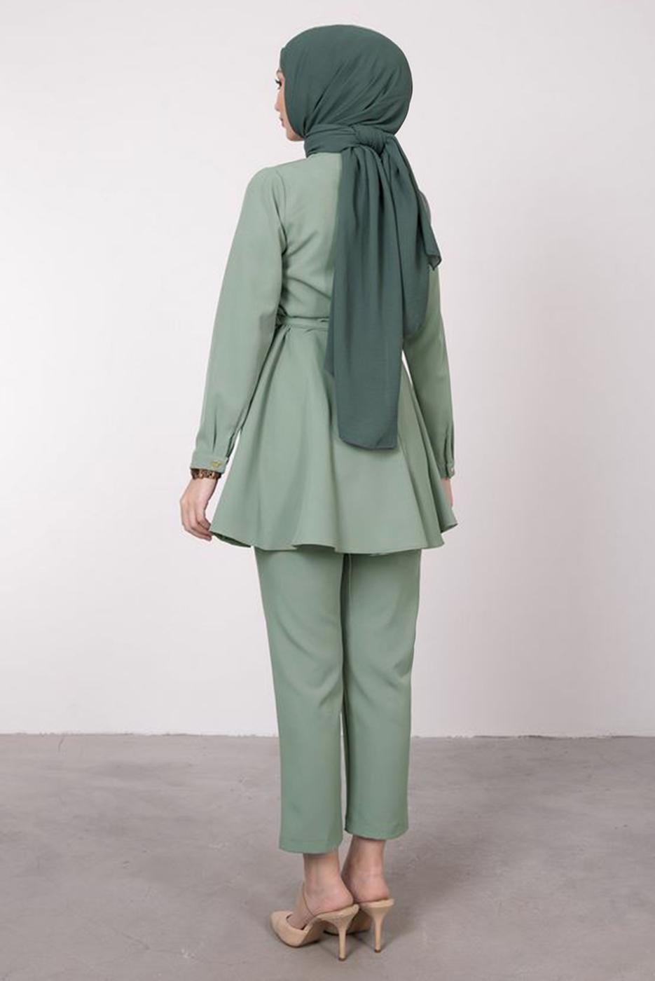 Tesettür giyim YEŞİL DRAPE DETAYLI KEMERLİ PANT. TAKIM T 0685	