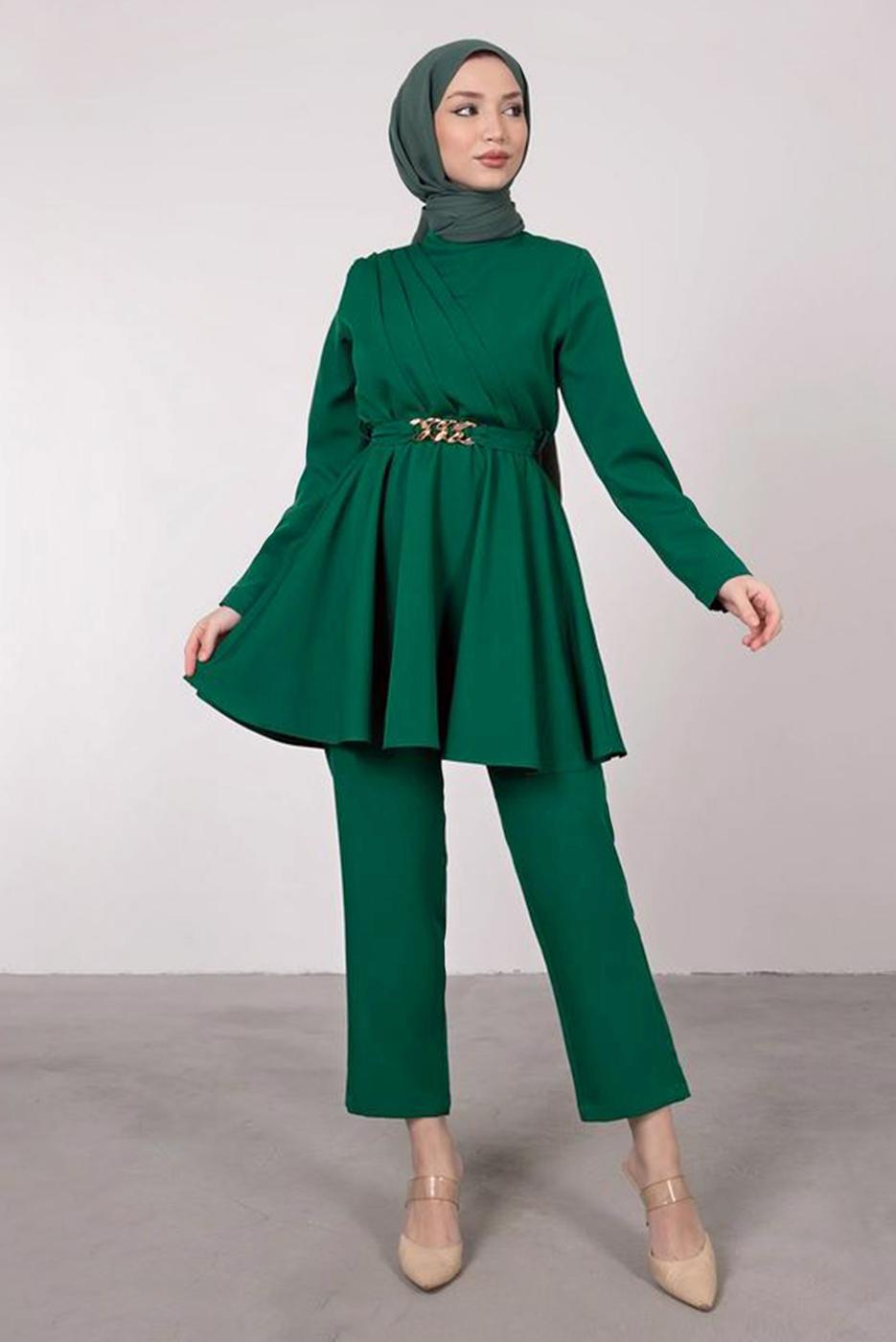 Tesettür giyim YEŞİL DRAPE DETAYLI KEMERLİ PANT. TAKIM T 0685	