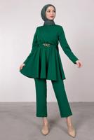 Tesettür giyim YEŞİL DRAPE DETAYLI KEMERLİ PANT. TAKIM T 0685	