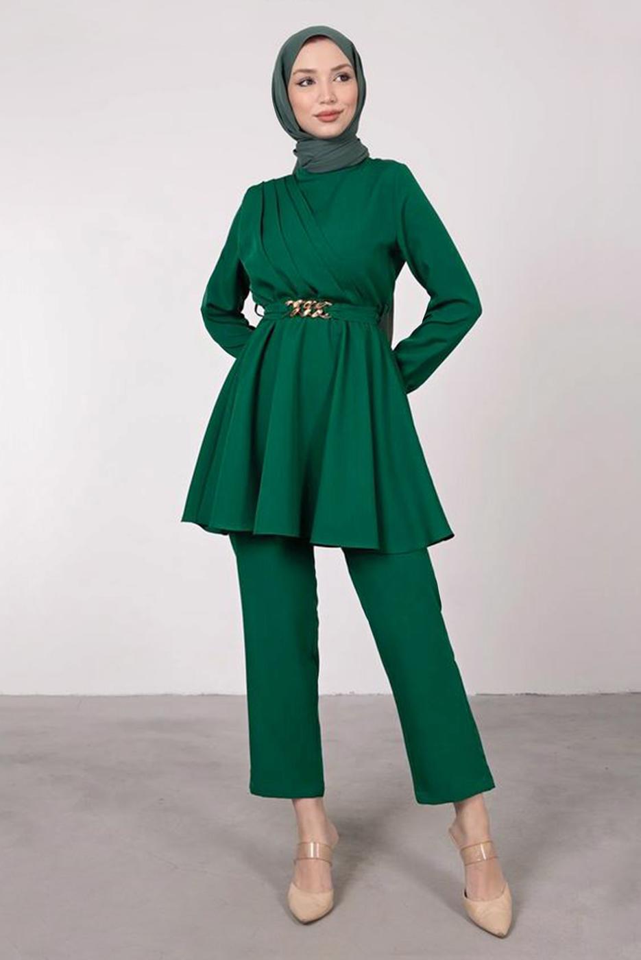 Tesettür giyim YEŞİL DRAPE DETAYLI KEMERLİ PANT. TAKIM T 0685	
