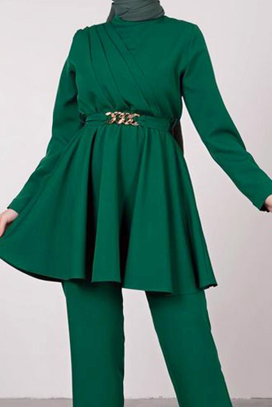 Tesettür giyim YEŞİL DRAPE DETAYLI KEMERLİ PANT. TAKIM T 0685	