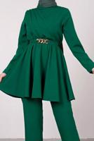 Tesettür giyim YEŞİL DRAPE DETAYLI KEMERLİ PANT. TAKIM T 0685	