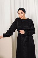 Tesettür giyim SİYAH LEOPAR DESENLİ KUŞAKLI SATEN ELBİSE T 0703