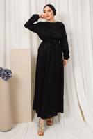 Tesettür giyim SİYAH LEOPAR DESENLİ KUŞAKLI SATEN ELBİSE T 0703