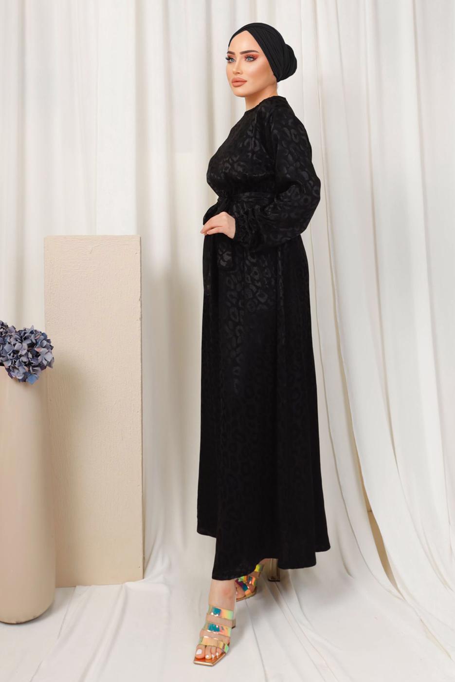 Tesettür giyim SİYAH LEOPAR DESENLİ KUŞAKLI SATEN ELBİSE T 0703