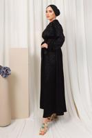 Tesettür giyim SİYAH LEOPAR DESENLİ KUŞAKLI SATEN ELBİSE T 0703