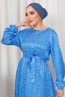 Tesettür giyim MAVİ LEOPAR DESENLİ KUŞAKLI SATEN ELBİSE T 0703