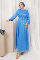 Tesettür giyim MAVİ LEOPAR DESENLİ KUŞAKLI SATEN ELBİSE T 0703