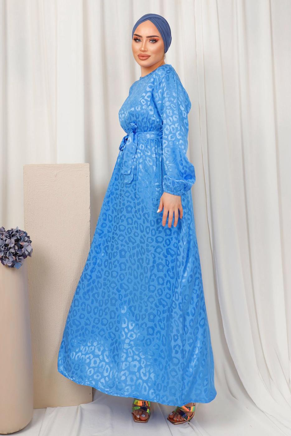 Tesettür giyim MAVİ LEOPAR DESENLİ KUŞAKLI SATEN ELBİSE T 0703