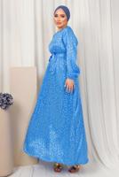 Tesettür giyim MAVİ LEOPAR DESENLİ KUŞAKLI SATEN ELBİSE T 0703