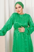 Tesettür giyim YEŞİL LEOPAR DESENLİ KUŞAKLI SATEN ELBİSE T 0703