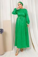 Tesettür giyim YEŞİL LEOPAR DESENLİ KUŞAKLI SATEN ELBİSE T 0703