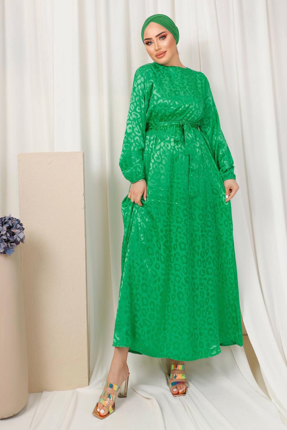 Tesettür giyim YEŞİL LEOPAR DESENLİ KUŞAKLI SATEN ELBİSE T 0703