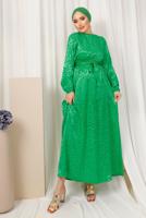 Tesettür giyim YEŞİL LEOPAR DESENLİ KUŞAKLI SATEN ELBİSE T 0703