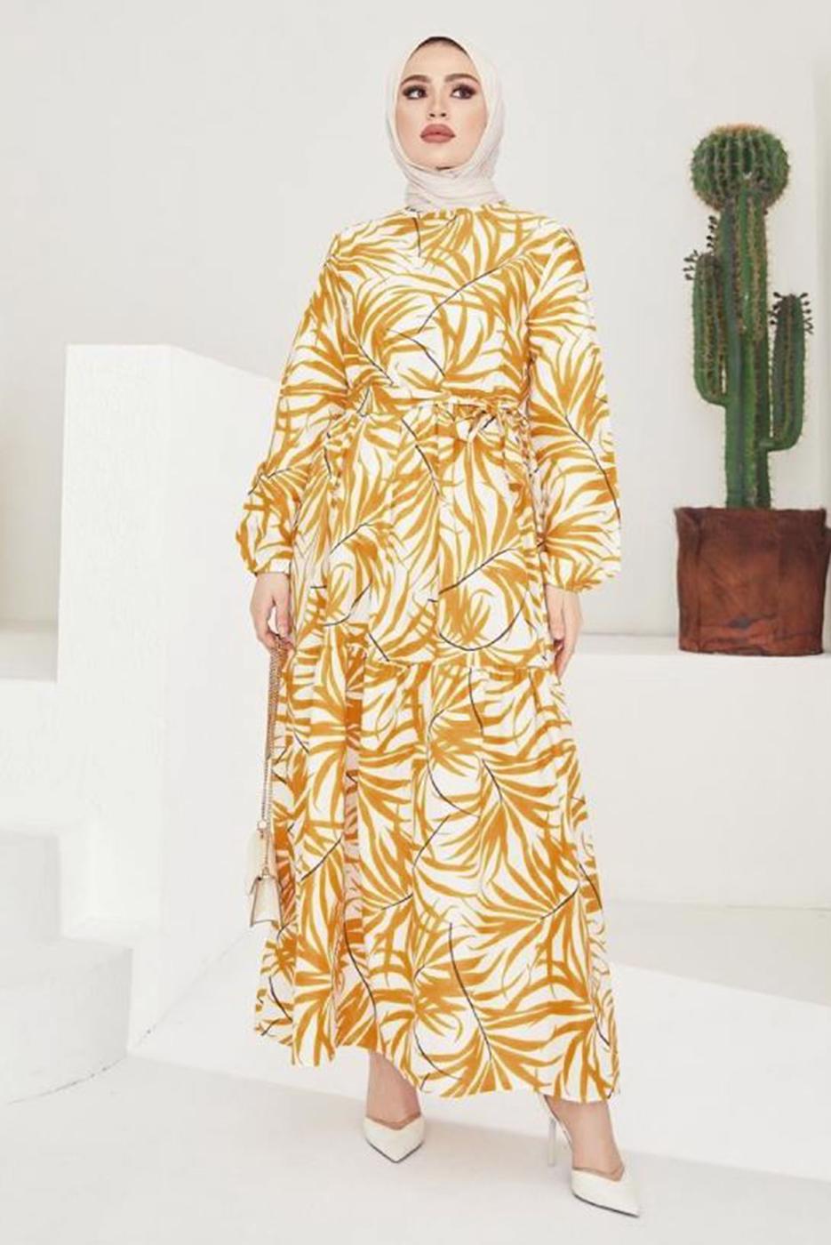 Tesettür giyim TURUNCU BELİ BÜZGÜLÜ DESENLİ ELBİSE T 704