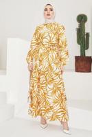 Tesettür giyim TURUNCU BELİ BÜZGÜLÜ DESENLİ ELBİSE T 704