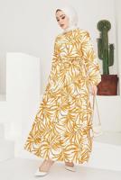 Tesettür giyim TURUNCU BELİ BÜZGÜLÜ DESENLİ ELBİSE T 704