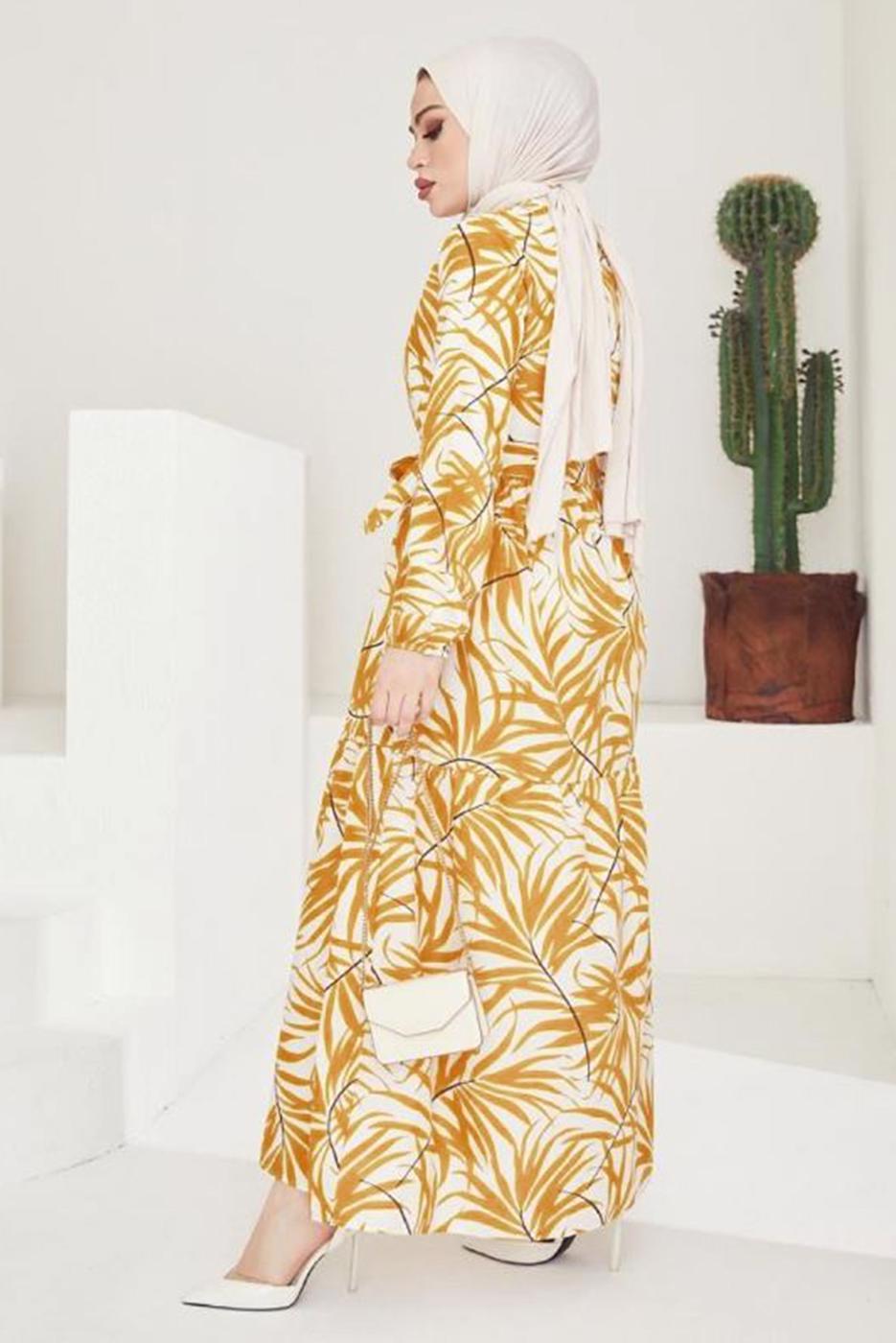 Tesettür giyim TURUNCU BELİ BÜZGÜLÜ DESENLİ ELBİSE T 704