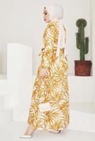 Tesettür giyim TURUNCU BELİ BÜZGÜLÜ DESENLİ ELBİSE T 704