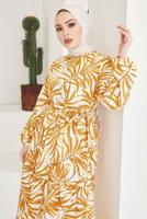 Tesettür giyim TURUNCU BELİ BÜZGÜLÜ DESENLİ ELBİSE T 704