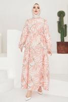 Tesettür giyim PUDRA BELİ BÜZGÜLÜ DESENLİ ELBİSE T 704