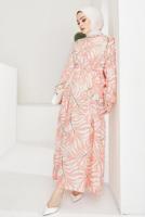 Tesettür giyim PUDRA BELİ BÜZGÜLÜ DESENLİ ELBİSE T 704