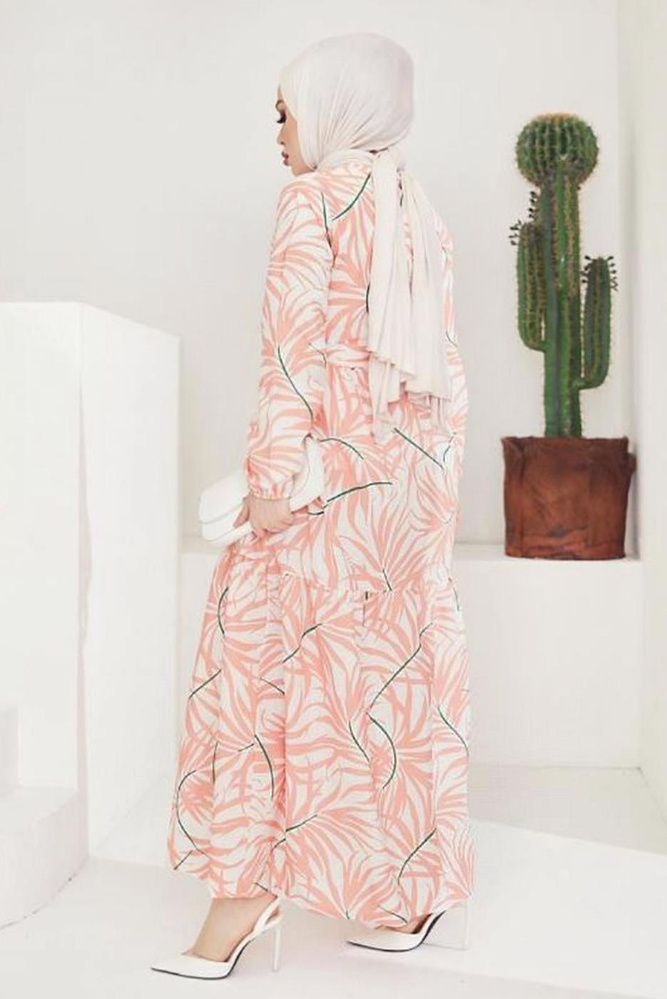 Tesettür giyim PUDRA BELİ BÜZGÜLÜ DESENLİ ELBİSE T 704