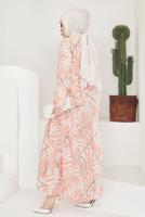 Tesettür giyim PUDRA BELİ BÜZGÜLÜ DESENLİ ELBİSE T 704