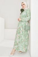 Tesettür giyim YEŞİL BELİ BÜZGÜLÜ DESENLİ ELBİSE T 704