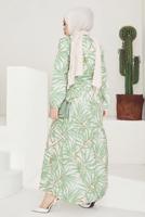 Tesettür giyim YEŞİL BELİ BÜZGÜLÜ DESENLİ ELBİSE T 704