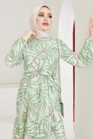 Tesettür giyim YEŞİL BELİ BÜZGÜLÜ DESENLİ ELBİSE T 704
