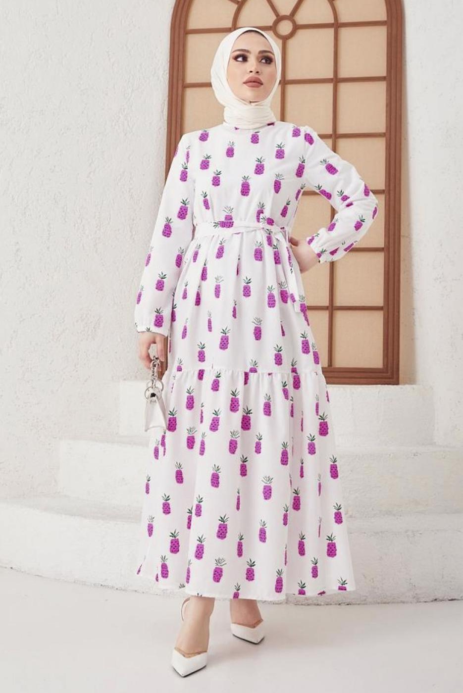 Tesettür giyim MOR ANANAS DESENLİ KUŞAKLI ELBİSE T 714