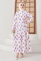 Tesettür giyim MOR ANANAS DESENLİ KUŞAKLI ELBİSE T 714